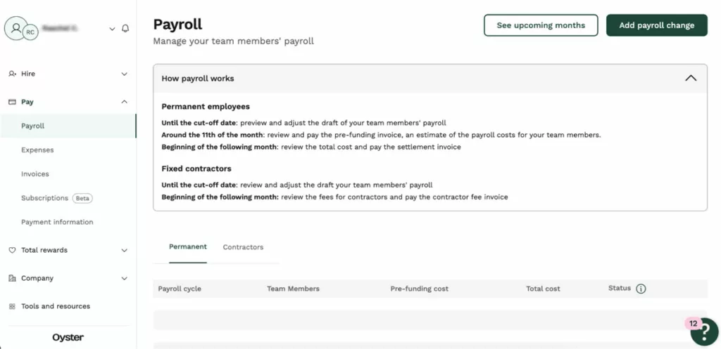 Oyster payroll feature dashboard